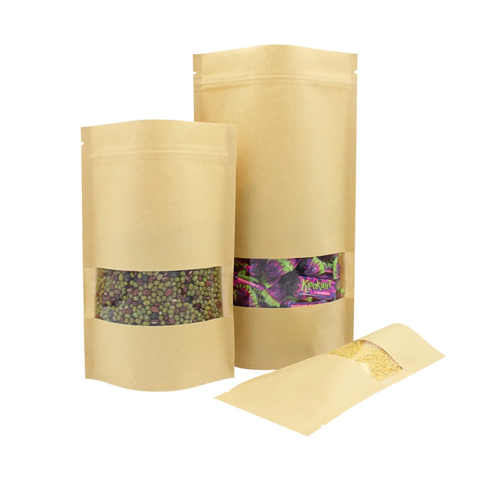 

20 Pcs Kraft Paper Food Bag with Zip Lock, Reusable Sealing Bag Pouch with Clear Window for Storing Cookie Dried Food Snack