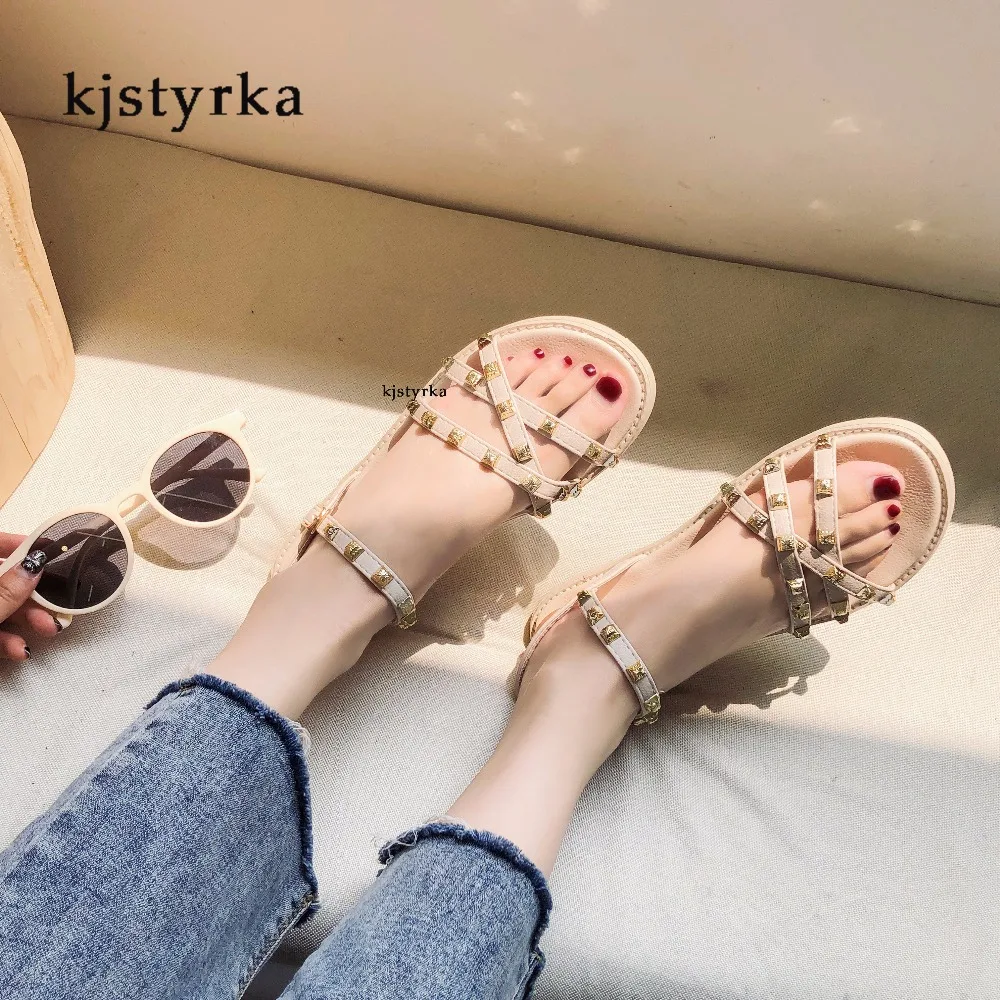 

kjstyrka 2019 concise lady women sandals Rivet open toe Solid color soft comfortable Non Slip Damping shoes sandalia feminina