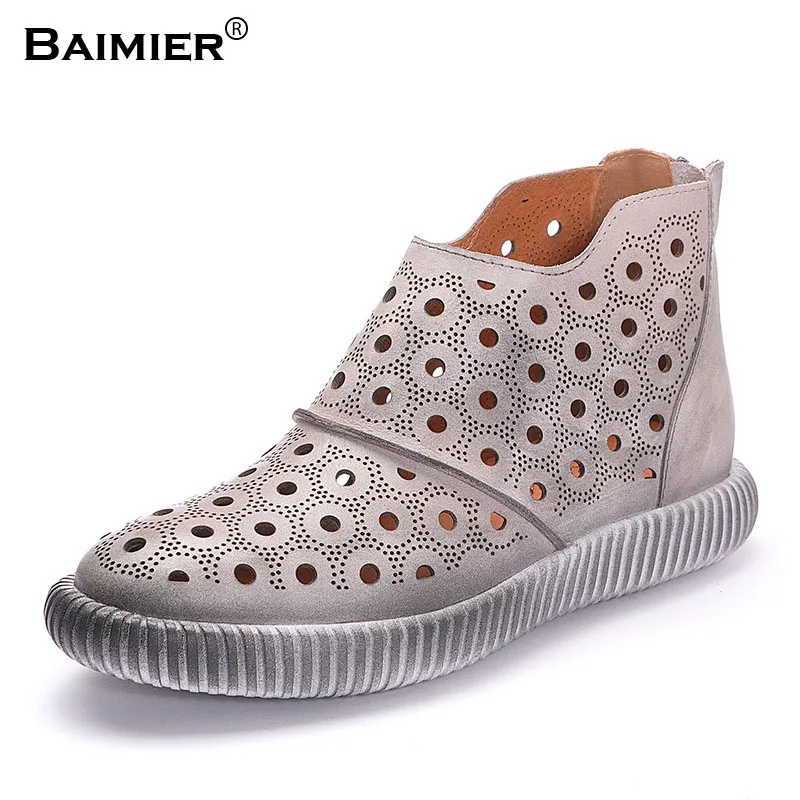 

New 2018 Brand New Genuine Leather Shoes Women Summer Boots Zipper Closed Fashion Mesh Hole Breathable Comfortable Ankle Boots