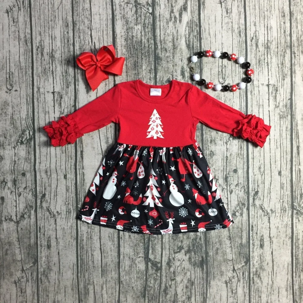

Christmas tree girls children clothes baby cotton icing Fall/Winter ruffles red black snowman dress boutique match accessories