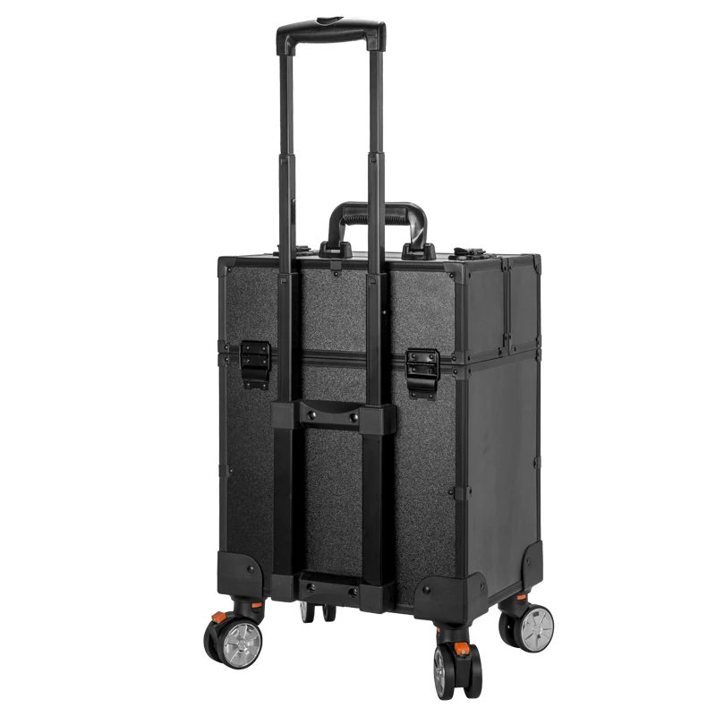 TENSUNVIS Black 4 Rolling Wheel MDF Artist Makeup Cosmetic Train Case Lockable Box Rolling Trolley Cosmetic Case