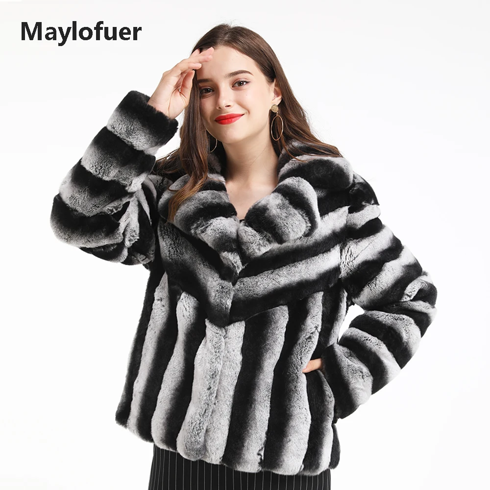 

Maylofuer New Rex Rabbit Fur Jacket Classic Chinchilla Color with Long Sleeves Women Winter Warm Coats Fur Coat Full Pelt