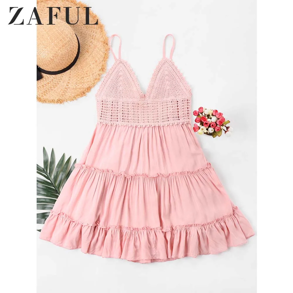 

ZAFUL Crochet Panel Cami Flare Dress Knotted Back Solid Ruffle Bowknot Summer Women Dresses Mini Dress Female Clothes 2019 New