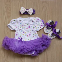 Детские Комбинезоны для малышек 3 шт. комплект одежды для новорожденных Детские Обувь для девочек фиолетовый в горошек платье-пачка jumpersuit повязка, туфли