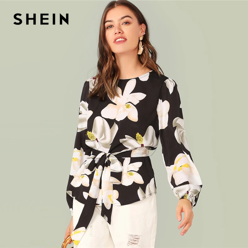 SHEIN блуза с цветочным принтом и закругленным подолом, с поясом, с рукавом Бишоп, элегантная, с поясом, весна-осень, блуза с круглым вырезом