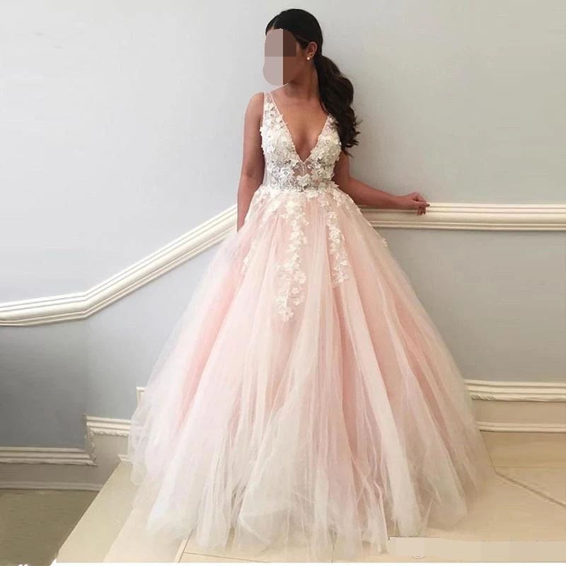 

Elegant Long Evening Dress 2019 Deep V Neck 3D Flowers Lace Appliques Pink Prom Dresses Women Formal Evening Gown Robe De soiree