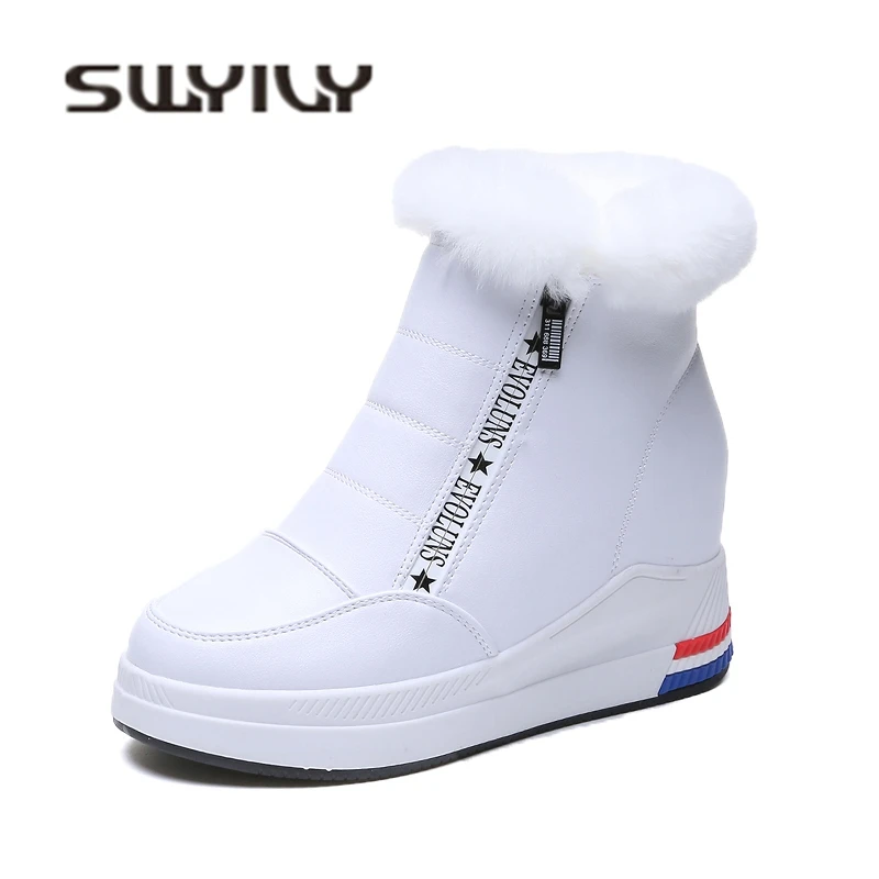 SWYIVY Wedge White Sneakers Woman Winter Side Zipper 2018 Female Platform Fashion Snow Shoes Comfortable Sneakers Velvet Fur