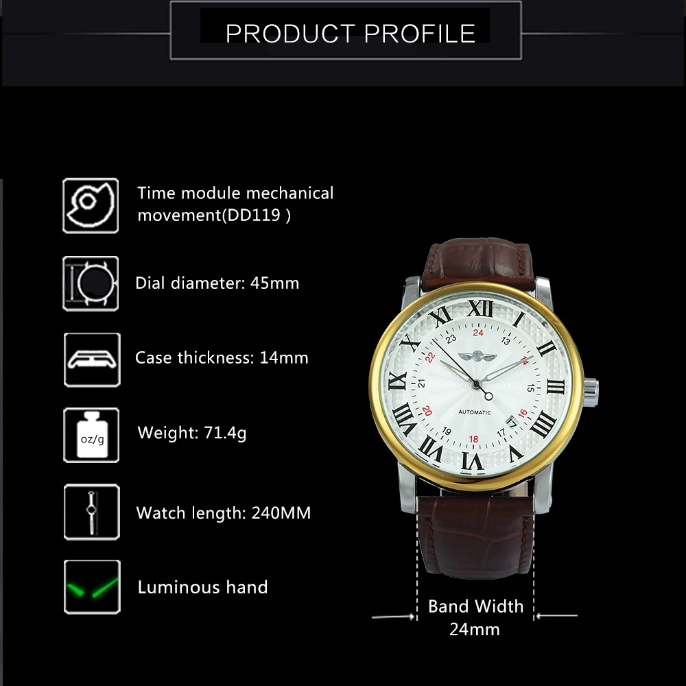 Победитель Повседневное автоматические механические мужские часы от топ бренда, роскошные кожаные ремень 24-часовой циферблат светящиеся стрелки календарь часы с датой