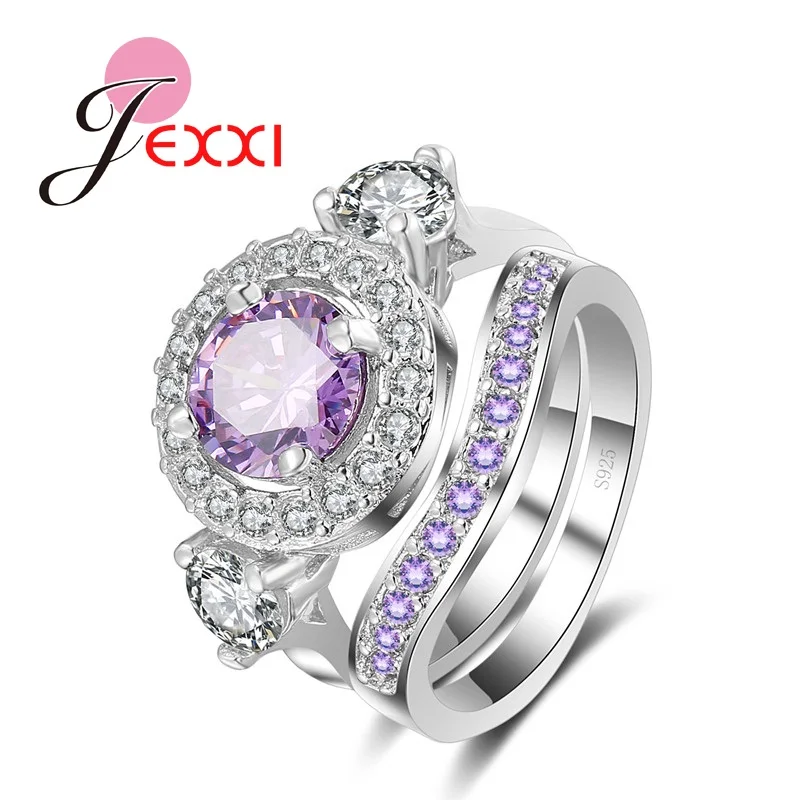 JEXXI Romantic Purple Round Rhinestone Ring Set Women For