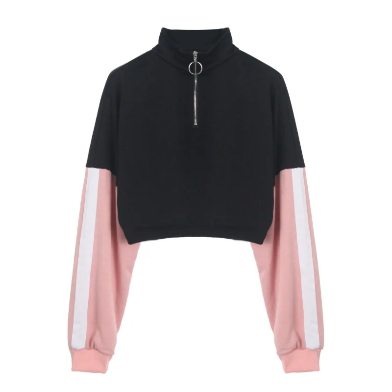 

Autumn Patchwork Sleeve Zipper Front Pullovers Stand Collar Sweatshirt Womens Casual Ladies Sporty Short Crop Tops