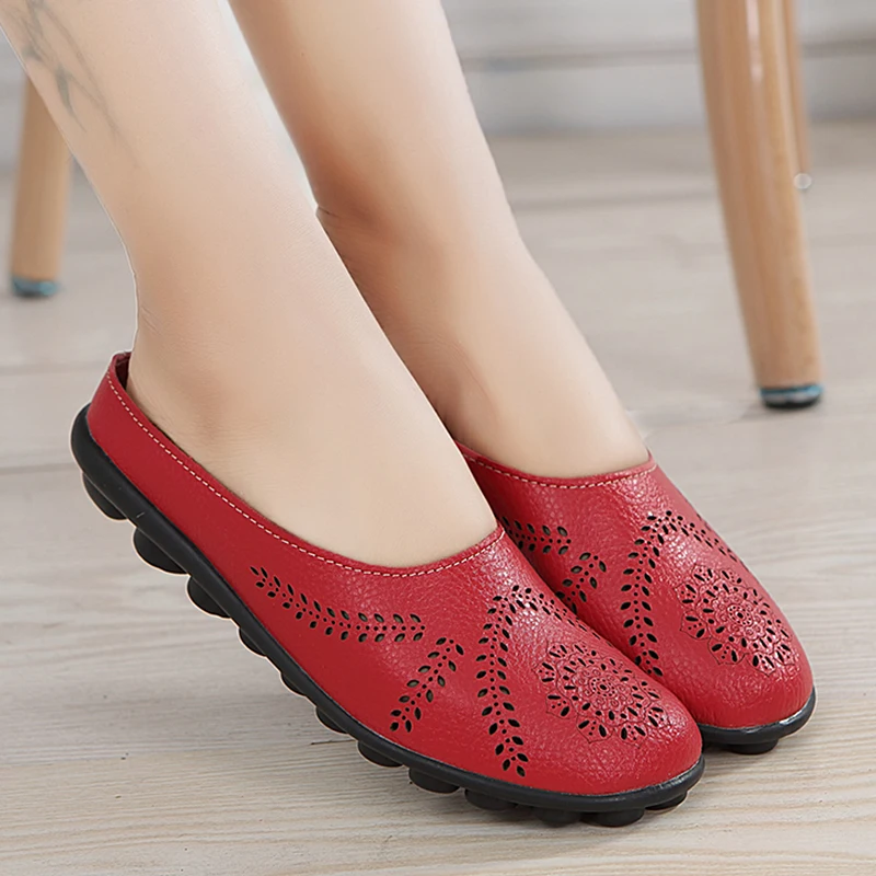 Women Flats Breathable Summer Genuine Leather Shoes Women Casual Slip On Loafers Plus Size 44 Mocassin Femme Nurse Flat Shoes