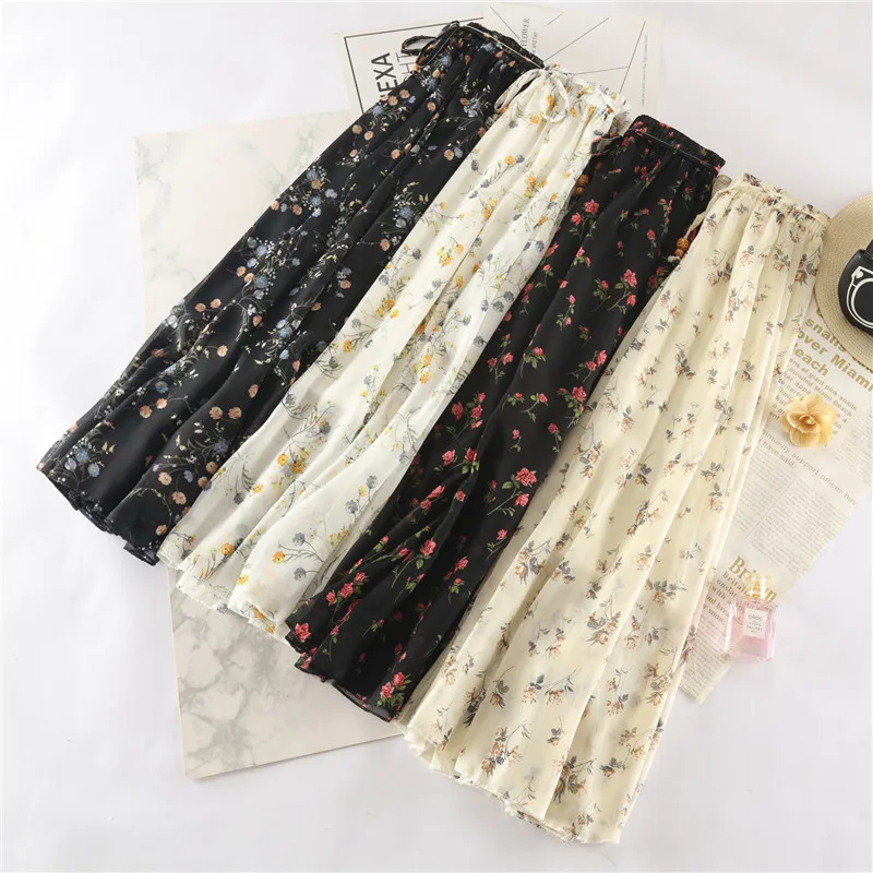 

Summer Floral Chiffon Long Skirts Elastic Waist Sashes A-line Pleated Flowers Printed Ankle Long Beach Skirts