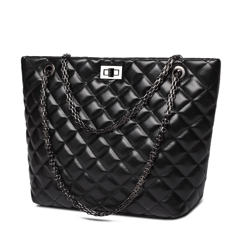 Women large chains black plaid brand designer handbags shoulder bag lady soft material grid ...