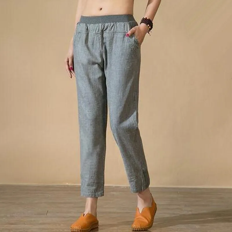 The Elderly Casual 9 Capris Pant Mid Waist Solid Color Linen Pants