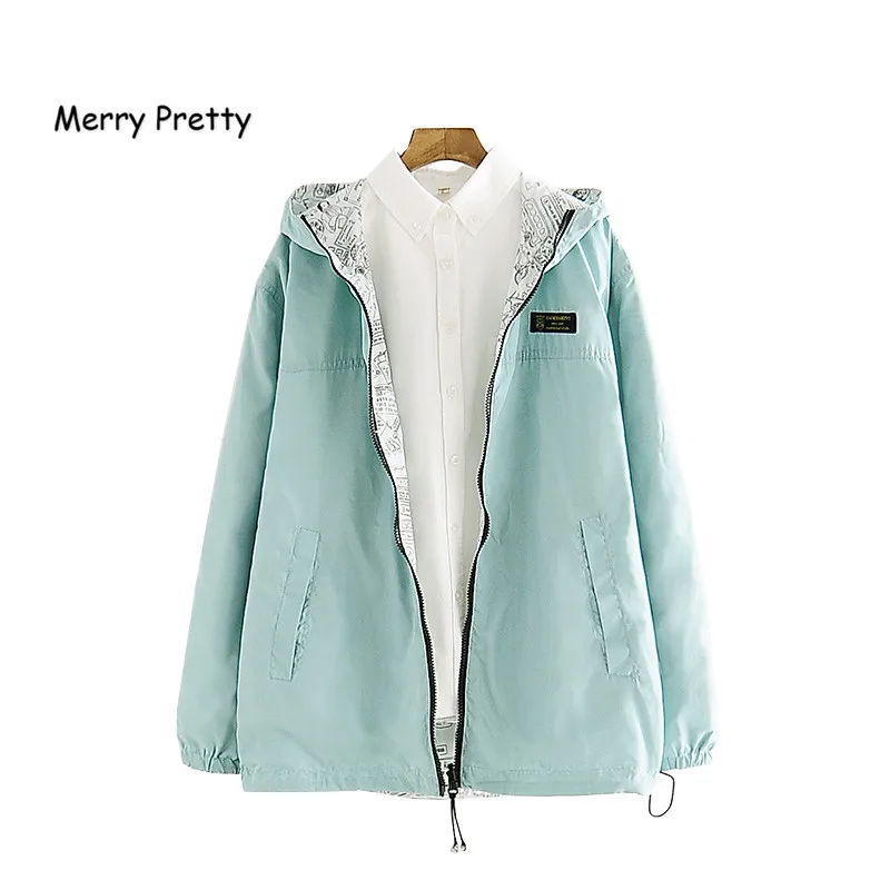 MERRY PRETTY 2018 Autumn Women Bomber Basic Jacket Pocket Zipper Hooded Two Side Wear Cartoon Print Outwear Loose Coat