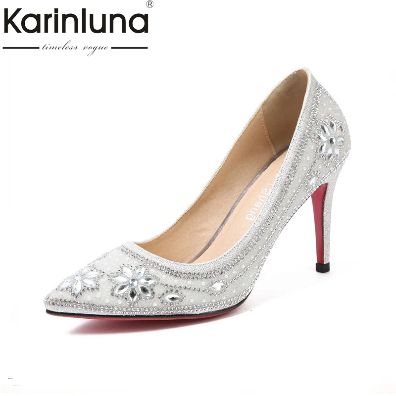 

Karinluna Women's Rhinestoen Party Wedding Shoes Woman 2018 Sexy High Heels Pointed Toe Less Platform Pumps Big Size 32-47