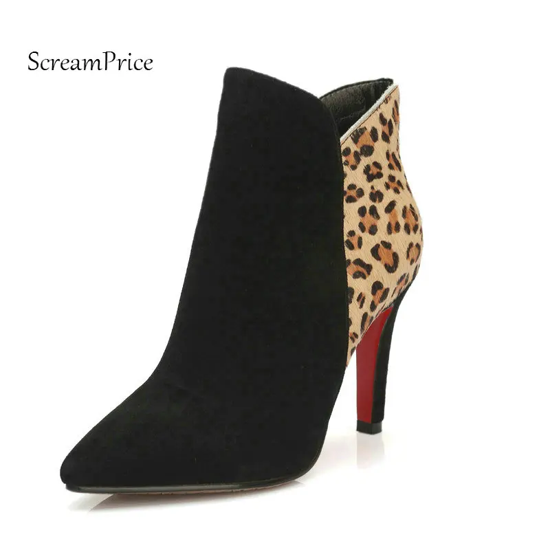 Winter Woman Thin High Heel Side Zipper Suede Leopard Ankle Boots Fashion Pointed Toe Dress Boots Woman Black Leopard