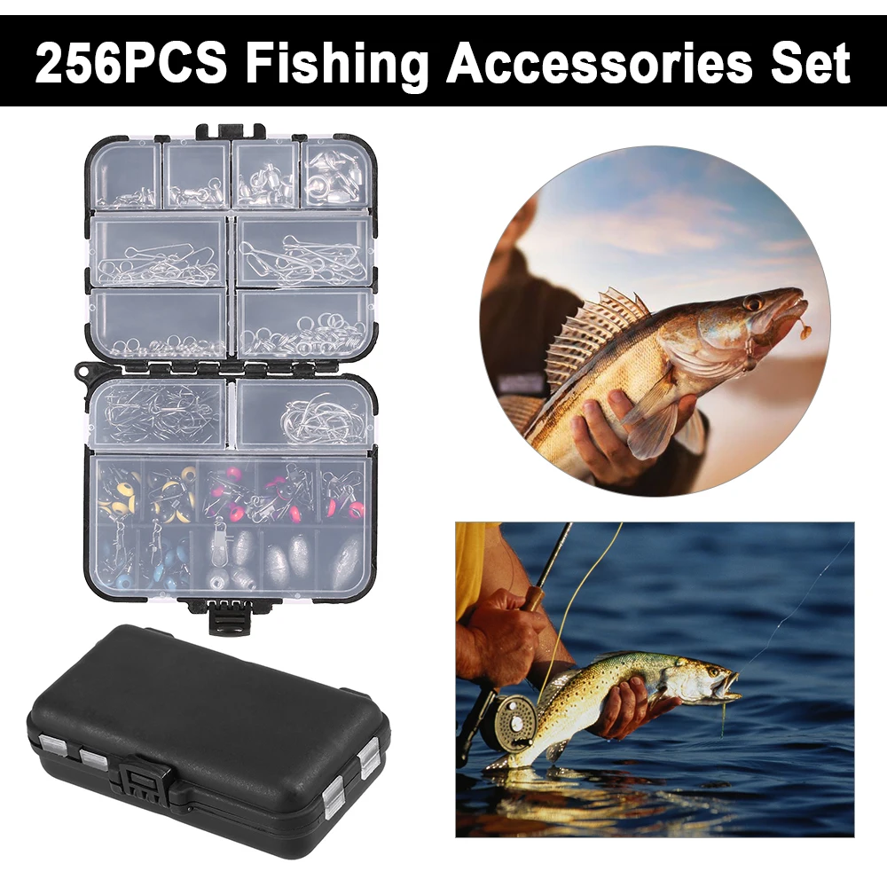 

256pcs Fishing Crank Hooks Sinker Weights Swivels Snaps Connectors Beads Fishing Tackle Box Set Accessories Kit