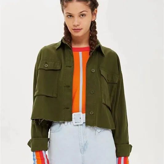 Army Green Women Jacket Long Sleeve Cropped Clothes 2018 New Pocket