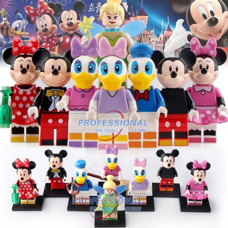 

Single Sale Cartoon Mickey Duck Minnie Mouse Donald Daisy Tinkerbell Action Figures Building Block Children Toys L074-081