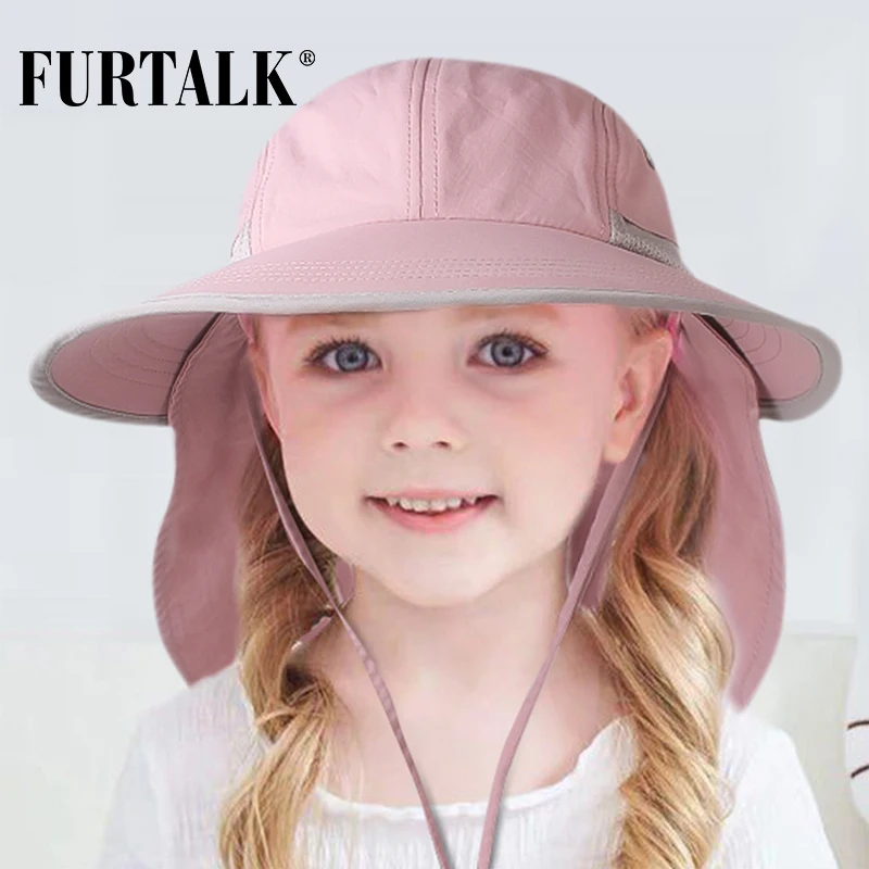 FURTALK Summer Sun Hats for Women Kids Wide Brim Fishing Hat with Neck Flap  Female Child UPF 50+ Ponytail Safari Hat - AliExpress