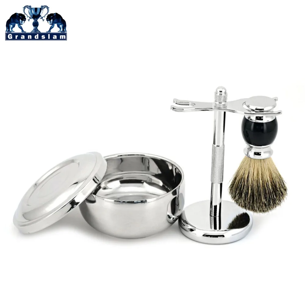 

Grandslam Men Shaving Brush Badger Hair +Barber Shave Beard Stainless Steel Bowl Mug + Safety Razor Stand Holder