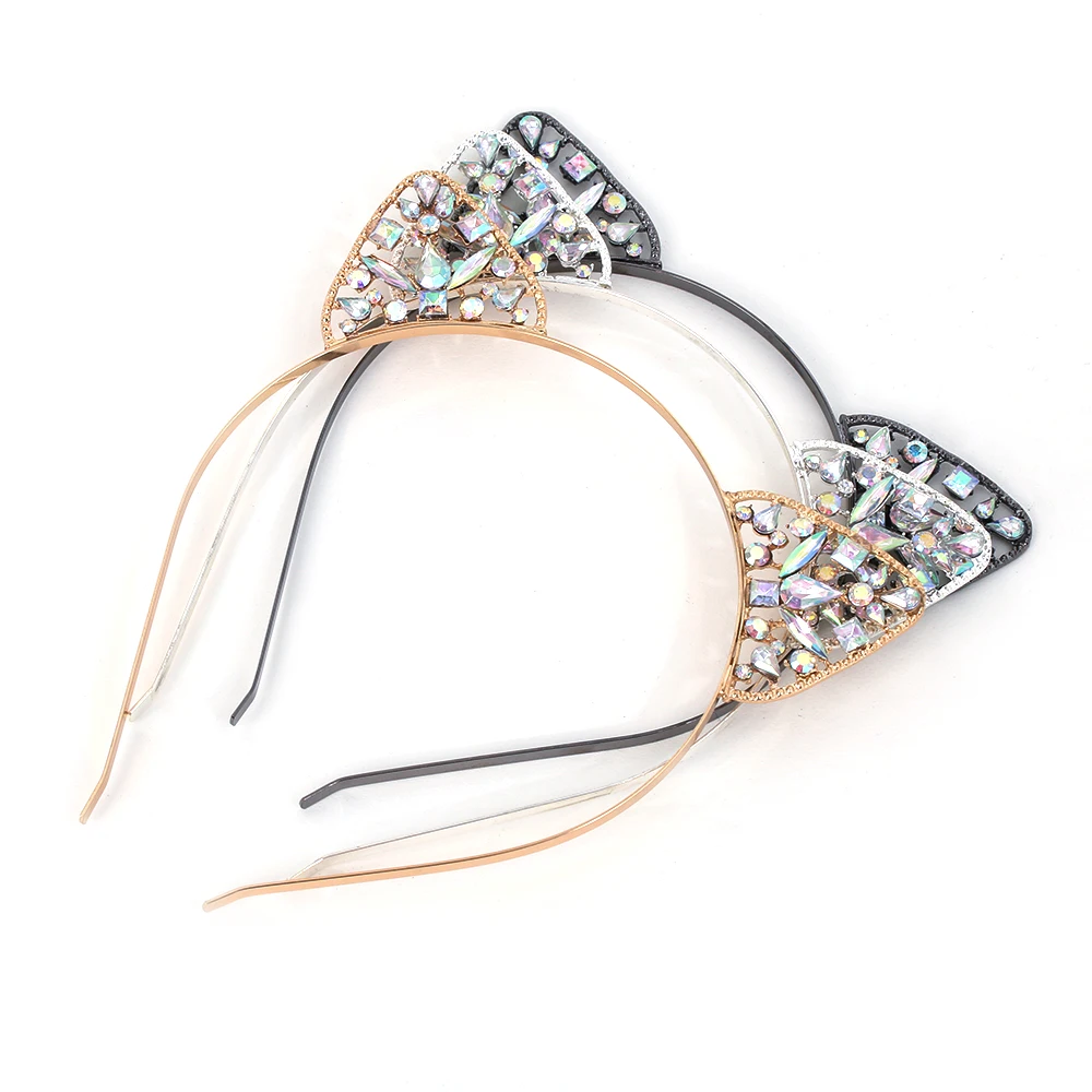 New Hair Accessories Crystal Cat Ears Hair Hoop Headband Women Shiny Rhinestone Cats Ear Hair Bands Costume Party Headwear