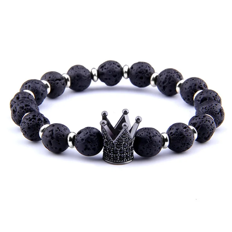 

Men Bracelet CZ Crown Beads Gold Crown Charm Bracelet Homme Black Lava Stone Bracelets & Bangles For Women Jewelry Hand Knitting