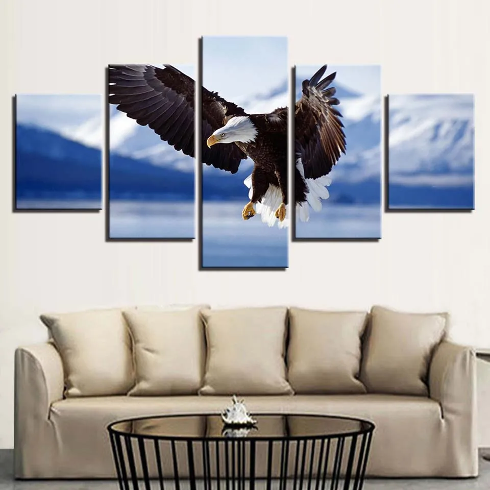 

Canvas HD Prints Painting Living Room Decor Framework 5 Pieces Bald Eagle Snow Mountains Pictures Modular Animal Poster Wall Art