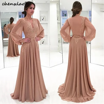 

Vestidos 2019 Evening Dresses Long Chiffon A-Line V-Neck Full Sleeves Lace Appliques Floor Length Formal Evening Gowns