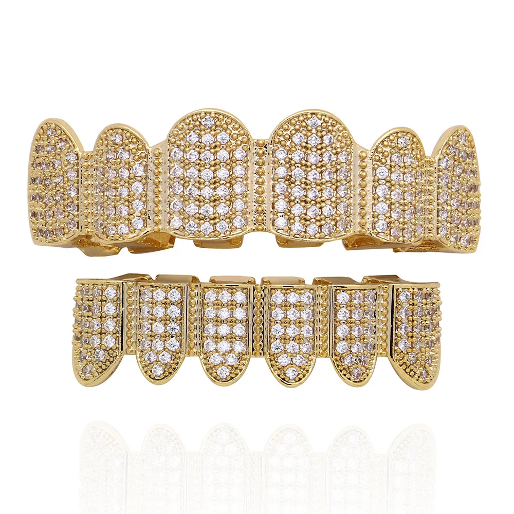 

Men's Hip Hop Top Bottom teeth Grillzs Set Gold Silver Color Micro Pave White CZ Rhinestones Bling Iced Out Men Rapper Jewelry