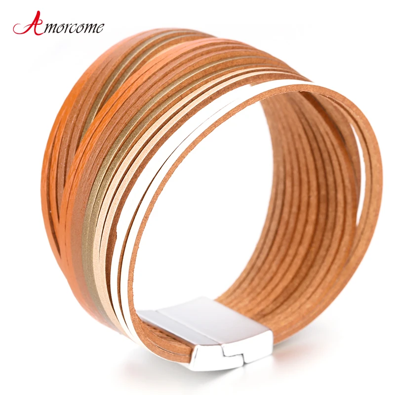 

Amorcome Gradient Color Leather Bracelets for Women Bracelets & Bangles Boho Mulitlayer Wide Wrap Bracelet Femme Jewelry