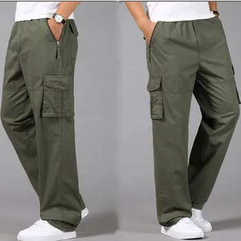 

Plus size casual loose men Cargo pants Military Safari Style male trousers cotton Elastic Waist long trousers L-4XL 5XL pockets