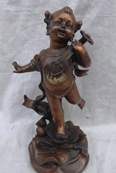

Chinese Pure Bronze Happy RuYi Child Nezha Kid Na Cha On Lotus Statue Figurine