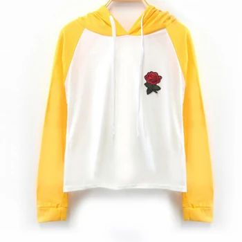 

Women Floral Embroidery Hoodies Autumn Casual Hit Color Hooded Sweatshirt College Preppy Women Clothes Female Tracksuit