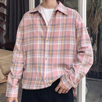 

Mens long sleeve cotton plaid flannel shirts men clothes 2019 spring Korean fashion INS oversized xxxl streetwear dress CS56