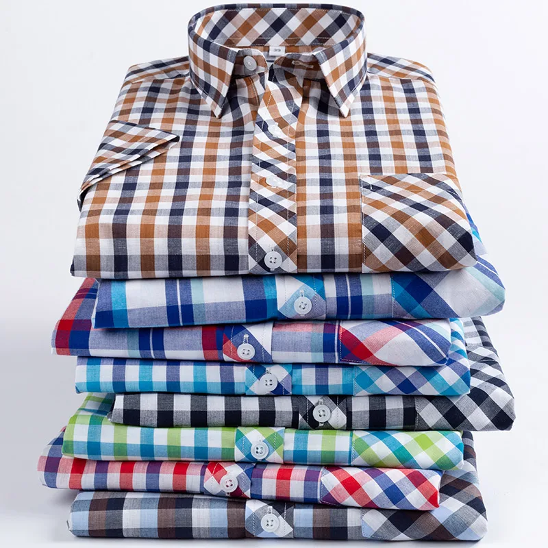

2019 New Arrival Fashion Summer Thin Short Sleeve Pure Cotton Plaid Loose Large Male Dress Shirts Smart Casual Plus Size M-8XL