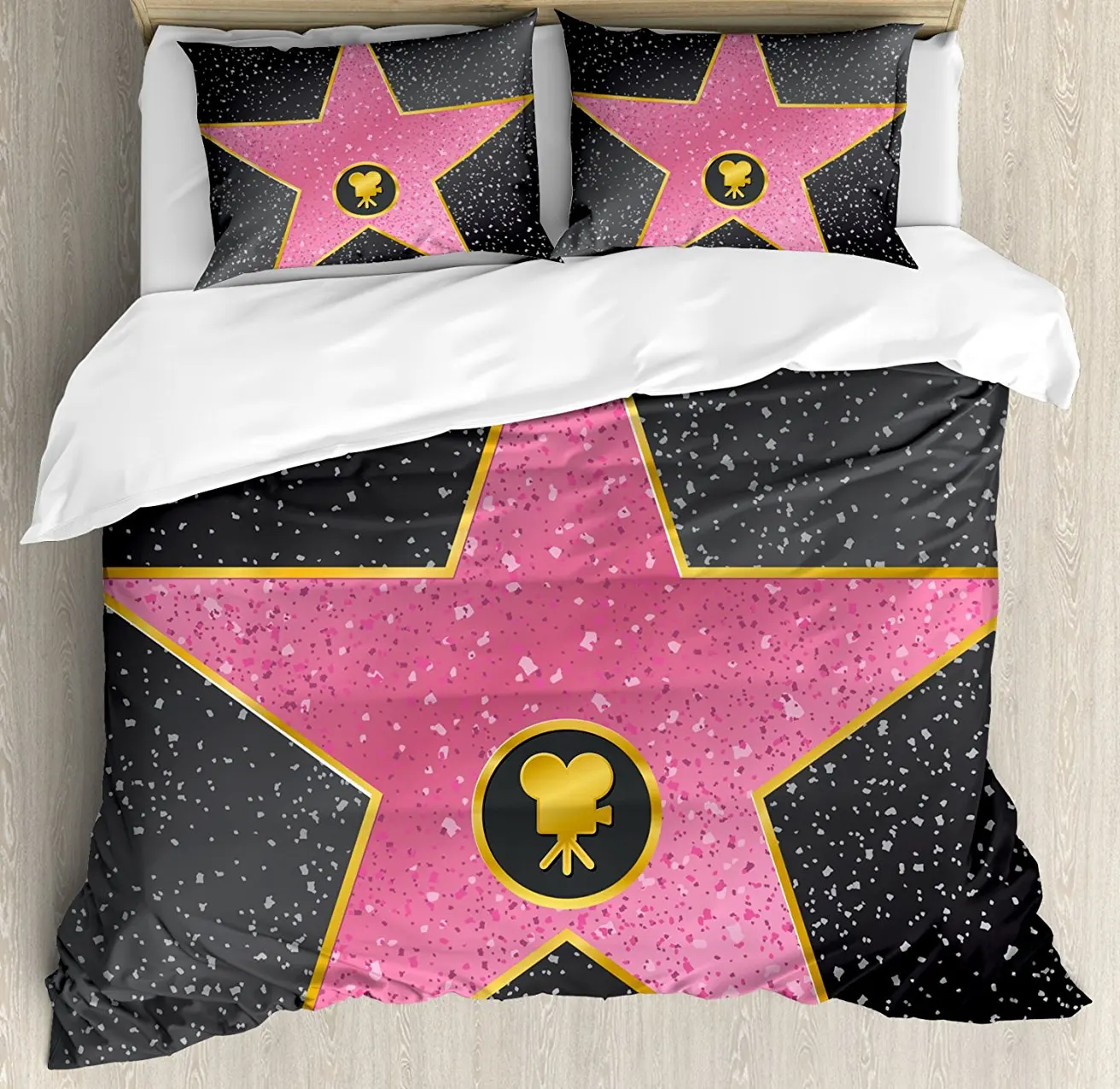 

Popstar Party Duvet Cover Set , Hollywood Walk of Fame Symbol Celebrity Entertainment Culture, 4 Piece Bedding Set