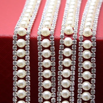 

1 yard Crystal Pearl Rhinestone Cup Chain Silver Base For Wedding Dress Decoration Rhinestone Applique Sew on Garment
