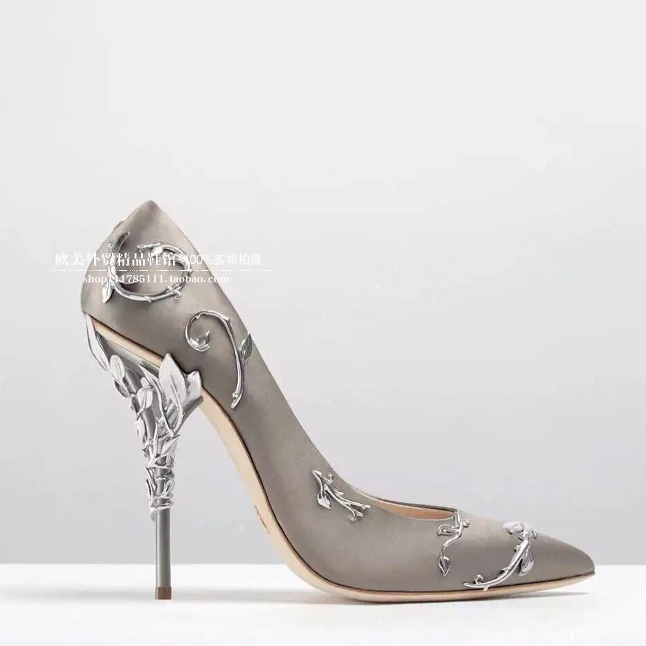 2017 New Shoes Woman Metal Leaf Pumps Sexy High Heels Pumps Pointed Toe Slip-On Shallow Women Pumps Slik Woman Pumps Party Tide