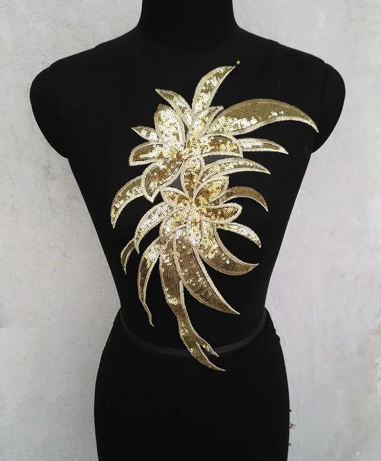 

New Leaf Sequined Embroidery Patches Blue Gold Cloth Applique DIY Material for Classic Or Performing Clothes 38X24CM One Pair