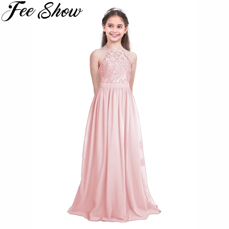 Pink Cute Children Lace Flower Princess Girl Dress for Wedding Birthday