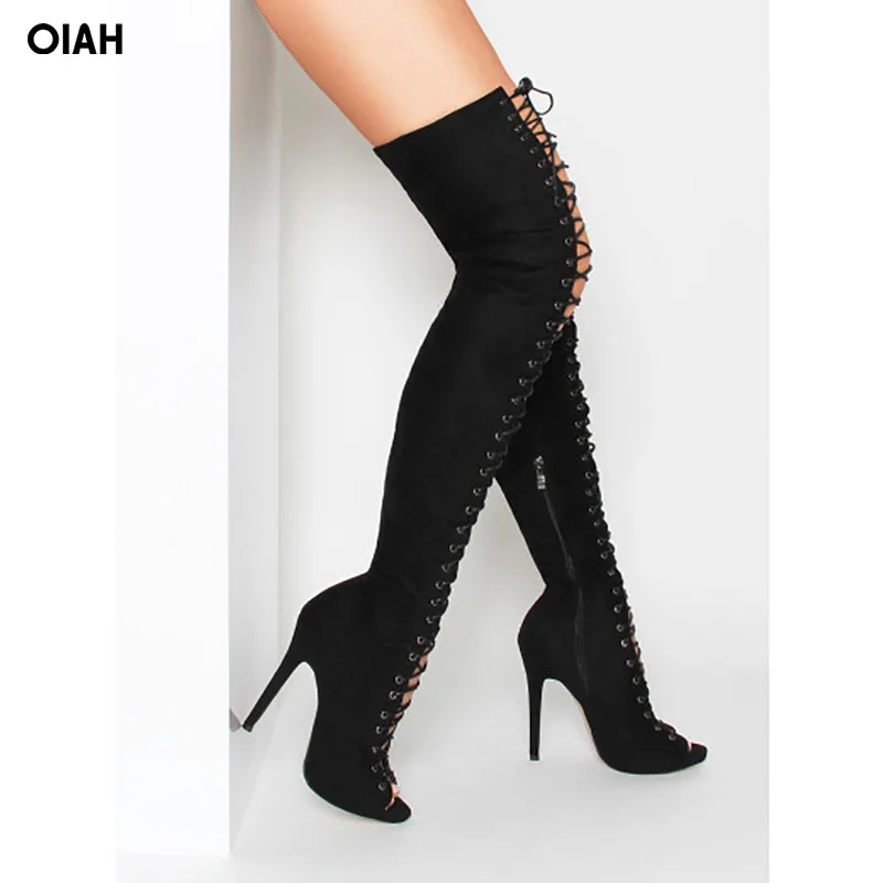 

Spring New Fashion Women Open Toe Black Suede Leather Lace-up Over Knee Gladiator Boots Cut-out High Heel Long Dress Boots Sexy