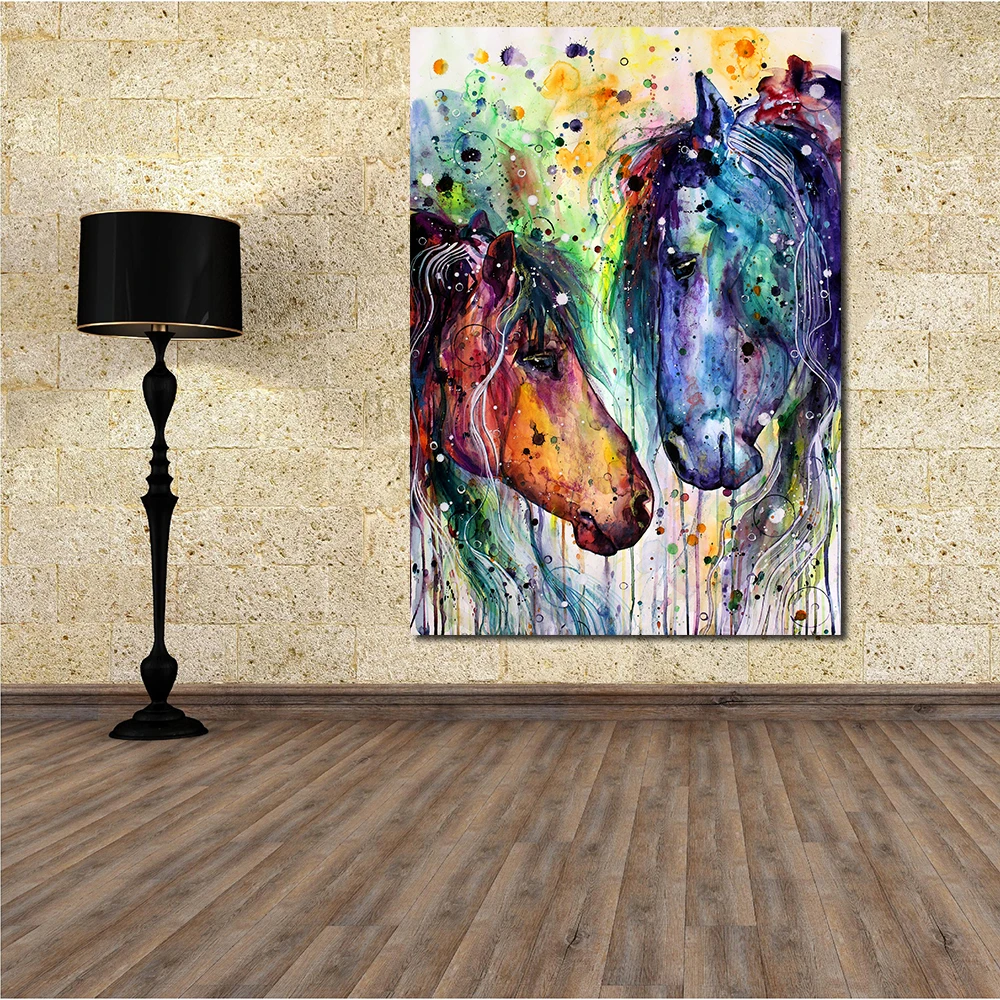 

JQHYART Wall Painting Color Couple Horses Wall Art Picture Home Decor Living Room Modern Canvas Print No Frame Paintings