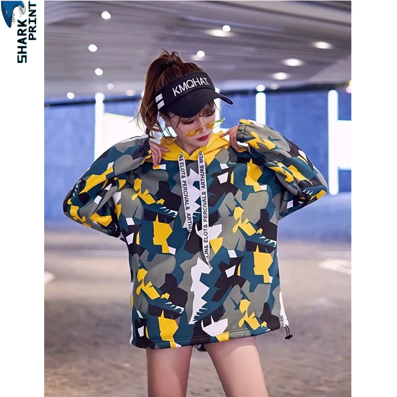 SharkPrint Oversize Fashion Men Women Wind Coat Hoodie Couples Camouflage Fatigues HipHop Street Style Jacket Winter Autumn Coat