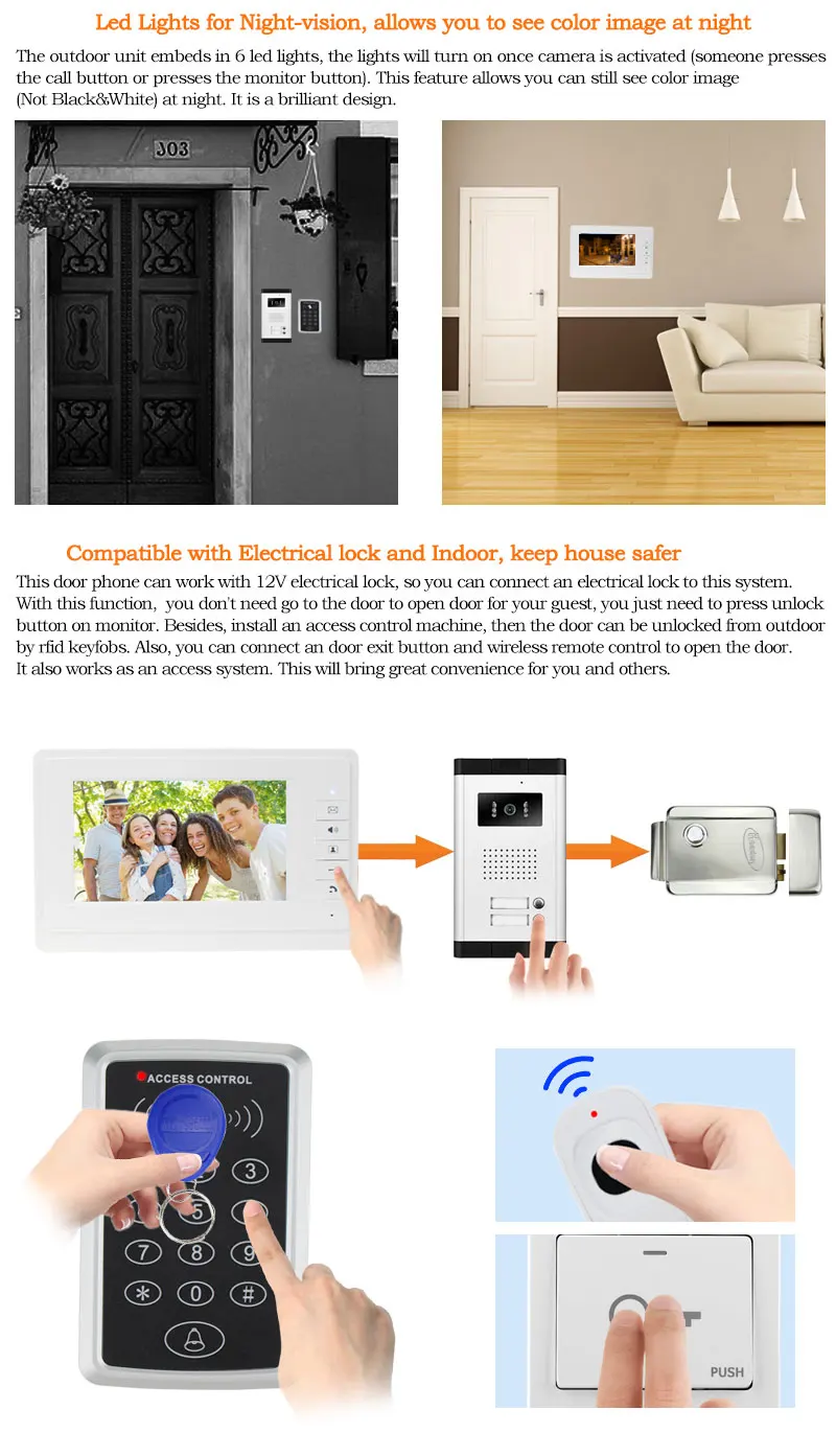 Лучшая цена 7 ''Цвет видео домофон дверной звонок с rfid система контроля доступа клавиатура+ дверной электрический замок для квартиры