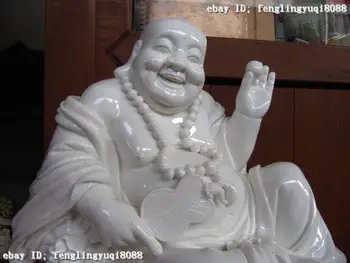 

free shipping 12"Chinese Folk Pottery White porcelain Happy Bead Maitreya arhat Buddha Statue Discount 55%