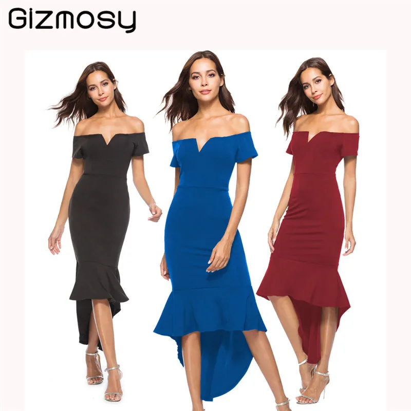 

Summer Party Off Shoulder Dress Short Sleeve Middle Waist Bodycon Dresses Solid Color Sexy Irregular Ruffle Dress Women SY5013