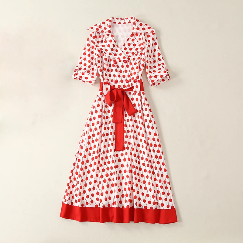 

HIGH QUALITY Newest 2019 Summer Runway Dress Women's Short Sleeve Cherry Print Red Belt Mid-calf Dress