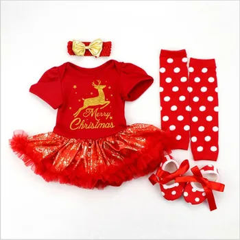 

New 2019 Christmas Dress Baby Girl Clothes Lace 4 pcs Set Baby Clothes Newborn Infant 1 st Christmas Romper Dress Baby Costumes